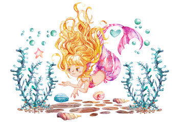 Obraz na płótnie Canvas Cute Underwater Watercolor, Sea animals Nursery Decor, Cute Mermaid illustration, Watercolor illustration, Underwater Ocean Sea Animals, Children Books, Greeting Cards, Clipart For Kids.