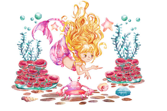 Cute Underwater Watercolor, Sea animals Nursery Decor, Cute Mermaid illustration, Watercolor illustration, Underwater Ocean Sea Animals, Children Books, Greeting Cards, Clipart For Kids.