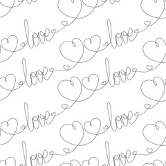 Continuous hand drawn line lettering love and two hearts side by side. Happy Valentines day. Isolate