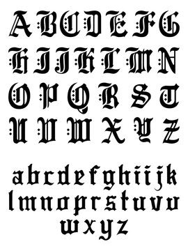 An illustrated set of hand drawn letters, in both uppercase and lowercase, inspired by gothic scripts.