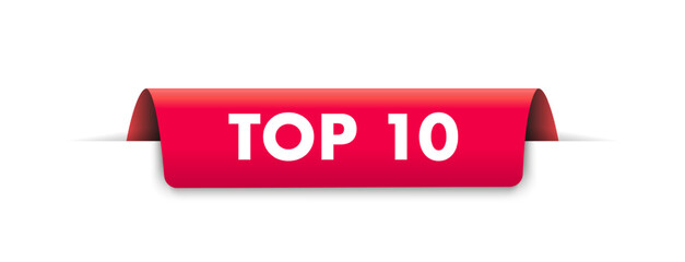 Top 10. Best ten list. 3D red word on red ribbon. Winner tape award text title. Vector color banner. Vector illustration