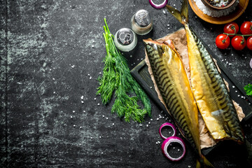 Smoked mackerel with spices and dill.