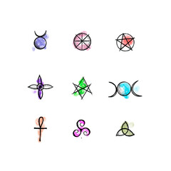 wicca symbols black ink hand drawn vector tattoo set