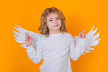 Child angel crossed fingers with lucky and hope, good luck. Valentines day. Little cupid angel...