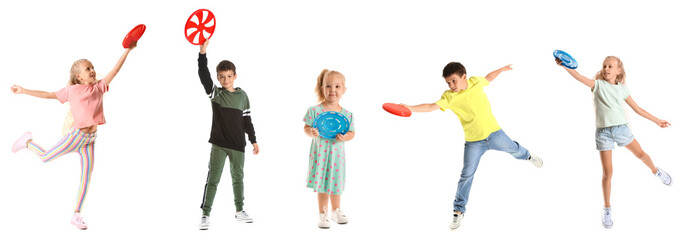 Set of cute children playing frisbee on white background