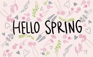 Hello Spring。手書き文字と花とハートのイラストセット。（カラー）
