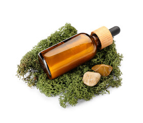 Cosmetic dropper bottle, pebbles and green moss on white background