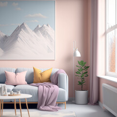 Pastel color tone cute cozy minimal style living room with furnitures. Generative ai.