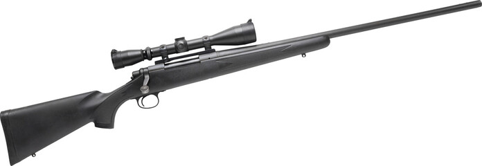 Polymer stocked bolt action rifle with a scope