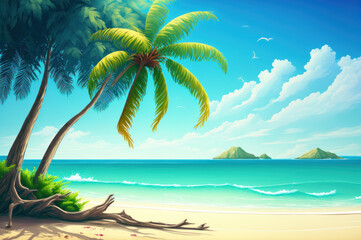 Fototapeta na wymiar Summer beautiful beach resort with blue sky and white cloud background. Illustration generative ai.