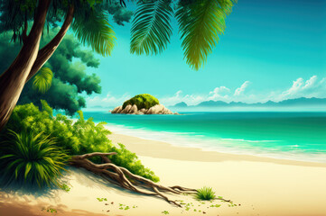 Fototapeta na wymiar Summer beautiful beach resort with blue sky and white cloud background. Illustration generative ai.