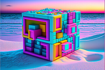 Isometric neon sculpture building scene on beach at sunset, generative ai
