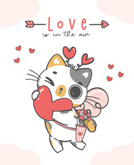 Cute happy Valentine cupid cat, Love is in the air, animal cartoon character doodle hand drawing