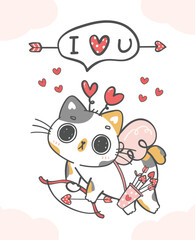 Cute Valentine cat cupid.  I love you, animal cartoon character doodle hand drawing