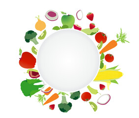 blank plate on fruits and vegetables