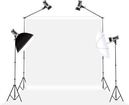 studio lights with soft box light, camera, tripod and backdrop