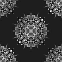 Seamless pattern with many silver mandalas. Oriental endless texture with arabic, islamic, indian, turkish, pakistan, moroccan, chinese, motifs. Psychedelic meditative ornamental design.