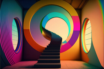 Neon rainbow staircase to space, generative ai