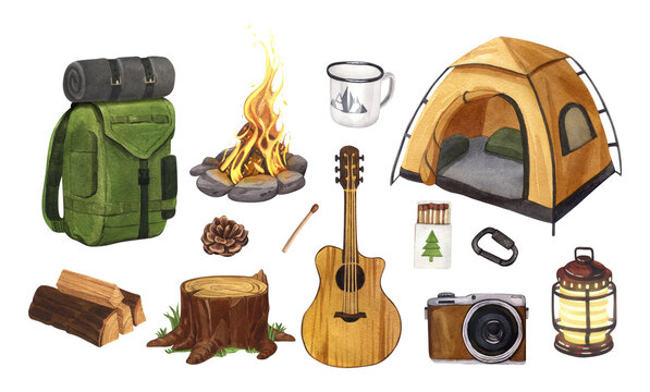 Camping, hiking equipment for trekking tourists watercolor set. Summer travel tools collection. Hand-drawn illustration isolated on white background. Concept for trip, journey, campsite elements