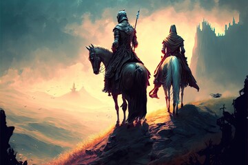 Fototapeta na wymiar An epic fantasy illustration, featuring two knights on a quest, beautiful magic, mysterious, tale. Generative AI