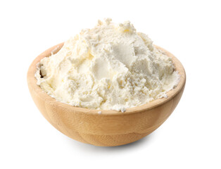 Bowl of tasty cream cheese on white background