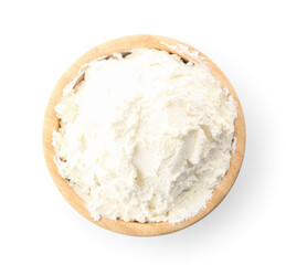 Bowl of tasty cream cheese on white background