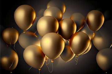 a group of golden balloons floating in midair for celebration backgrounds, generative AI