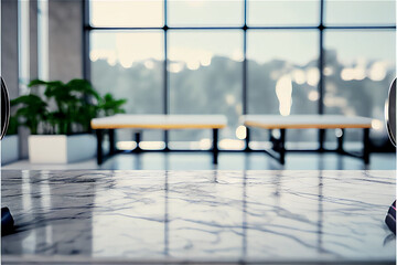 marble countertop in a airy room with a huge window with a view perfect for backgrounds, generative AI