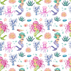 Obraz premium Underwater Watercolor seamless pattern, Mermaid Nursery Decor, Cute Sea Animals illustration, Watercolor illustration, Clipart For Kids