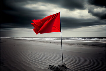 Red flag flowing in the beach, generative AI