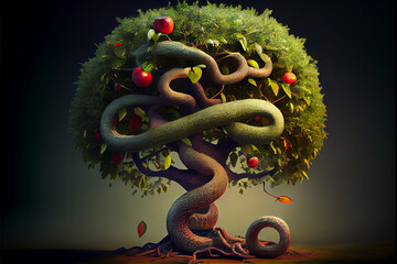 The biblical tree of knowledge with the apples and the serpent, generative AI - obrazy, fototapety, plakaty