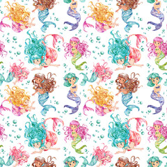Obraz na płótnie Canvas Underwater Watercolor seamless pattern, Mermaid Nursery Decor, Cute Sea Animals illustration, Watercolor illustration, Clipart For Kids