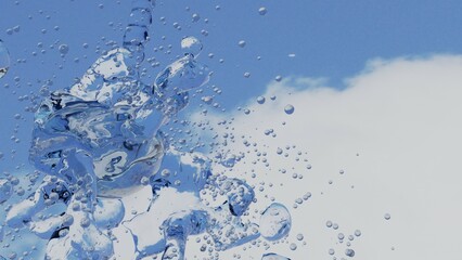 Fototapeta 水飛沫、夏、水、空、雲、青空、飛沫、飛び散る、液体、透明、ブルー、季節、サマー、水滴、気泡、透明感、バブル、晴れ、綺麗、しずく、環境、青、きれい、冷たい、爽やか、青色、さわやか、滴、泡、飲み物、水分、雫、コピースペース、クリア、素材、ウォーターの空と水飛沫のイメージ画像 obraz
