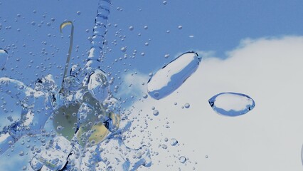 夏の空に浮かぶお玉と水飛沫のイメージ画像