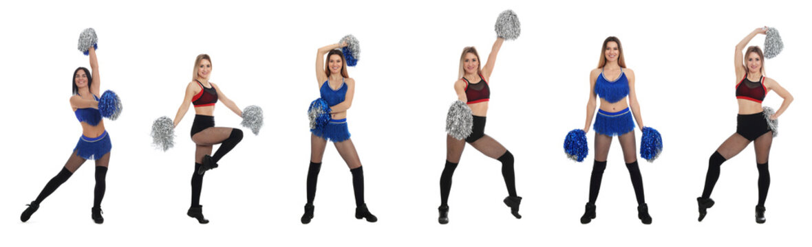 Collage with photos of beautiful happy cheerleaders with pom poms in uniforms on white background