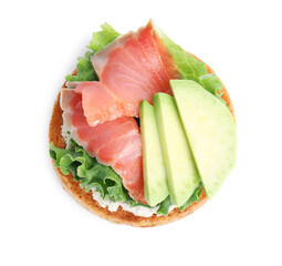 Tasty rusk with salmon, cream cheese and avocado isolated on white, top view