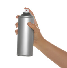 Woman holding can of spray paint on white background, closeup