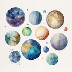 Fototapeta na wymiar Collection of pretty delicate watercolor planets. Each planet is a different type. Generative AI