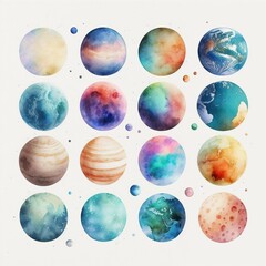 Fototapeta na wymiar Collection of pretty delicate watercolor planets. Each planet is a different type. Generative AI