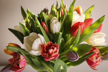 Beautiful bouquet of colorful tulips on beige background, closeup