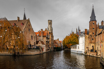 Iconic view of Brugge in Belgium. Touristic poster.