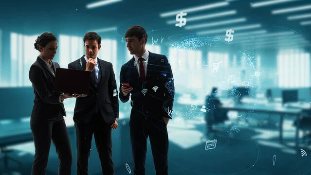 オフィスで会議するビジネスグループと通信ネットワーク
