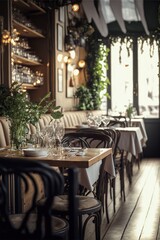 Fototapeta na wymiar Atmospheric french cafe with charming an cozy interior in morning light, intimate, nostalgic, elegant, parisian. Generative AI