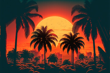 Obraz na płótnie Canvas Palm background 80 s, 90 s style. Landscape of sunset. Image of old, retro, vintage style. generative ai.