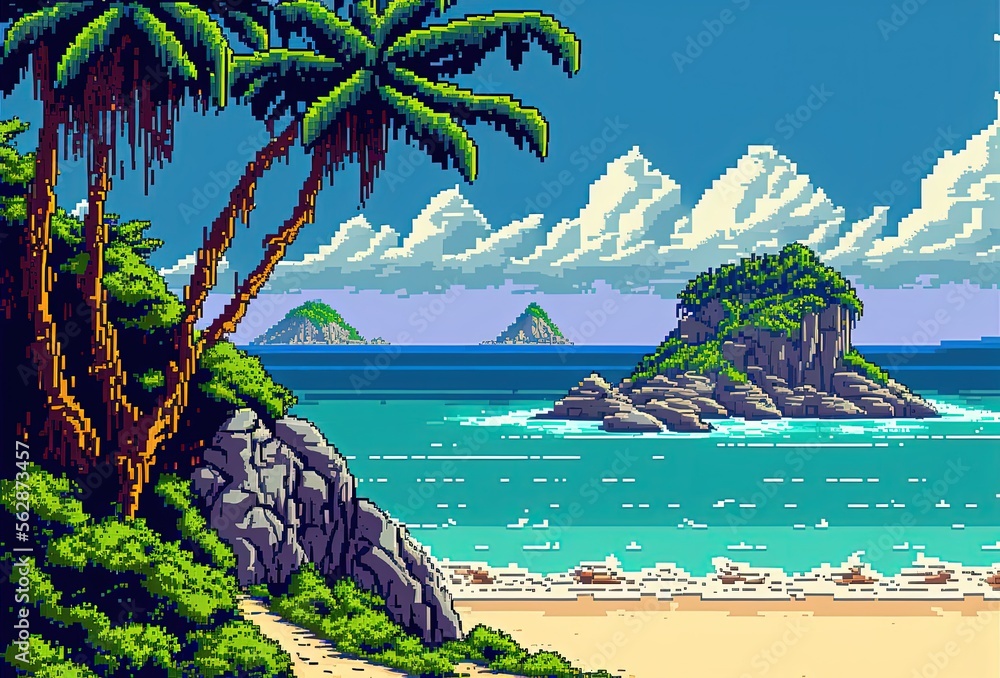 Wall mural Pixel art beach with coconut trees and clouds in the sky, background in retro style for 8 bit game, Generative AI