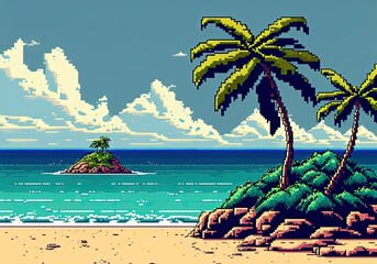 Naklejka na ściany i meble Pixel art beach with coconut trees and clouds in the sky, background in retro style for 8 bit game, Generative AI