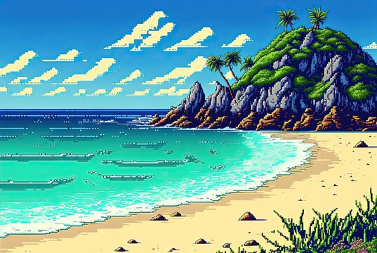 Pixel art beach with coconut trees and clouds in the sky, background in retro style for 8 bit game, Generative AI © Pixel Land