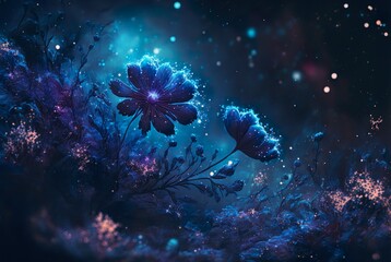 Fototapeta na wymiar Blue space background with flowers and stars Desktop wallpaper made with generative AI technology 