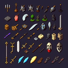 Pixel art set of RPG game items, collection of objects for RPG game, retro icons in 8bit style, Generative AI