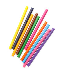 Many bright markers isolated on white, top view